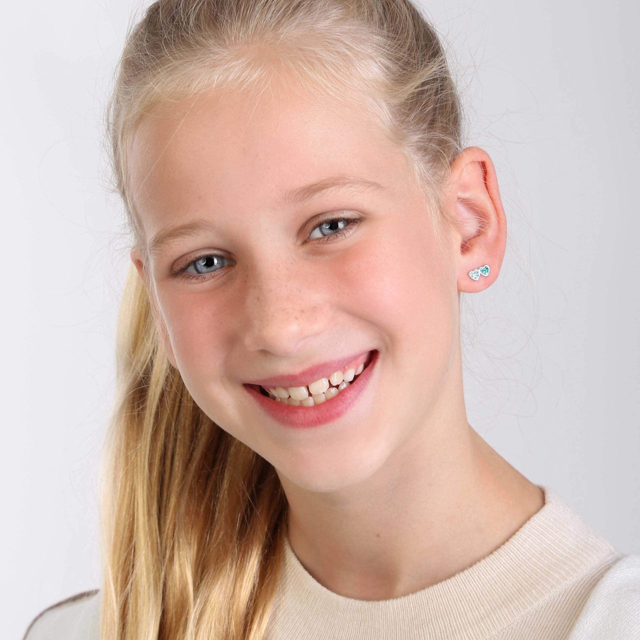 Kinderohrringe, 925 Silber, Herzen mit blauem Kristall