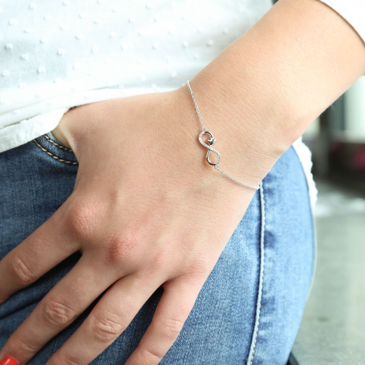 Armband, 925 Silber, Infinity/Herz, Zirkonia