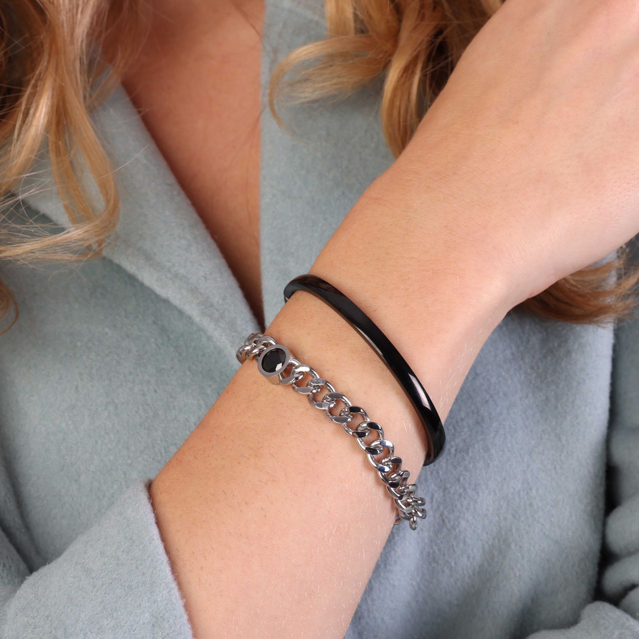 Gerecycleerd stainless steel armband schakel met zwarte zirkonia
