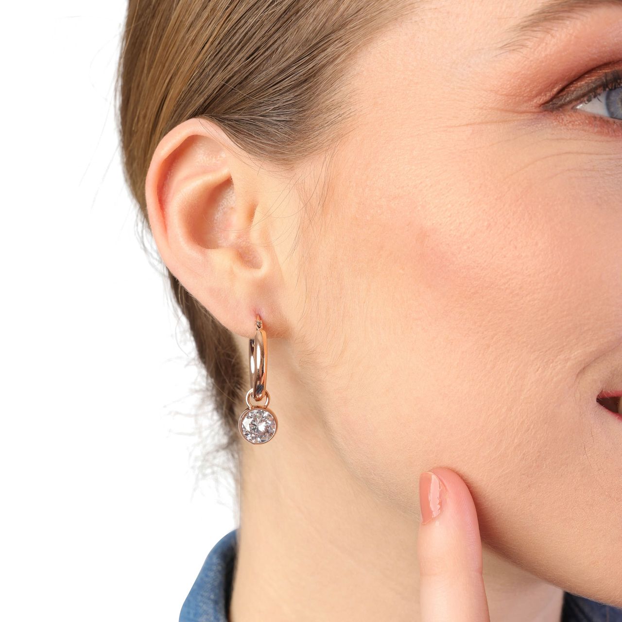 Stainless steel roséplated oorringen met hanger met  zirkonia voor dames