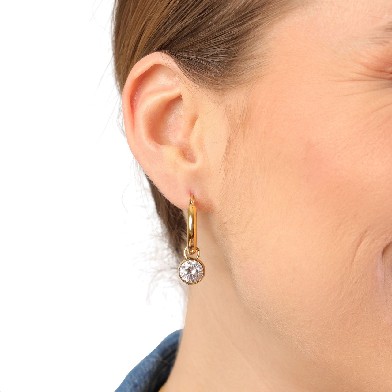 Stainless steel goldplated oorringen met hanger met  zirkonia voor dames