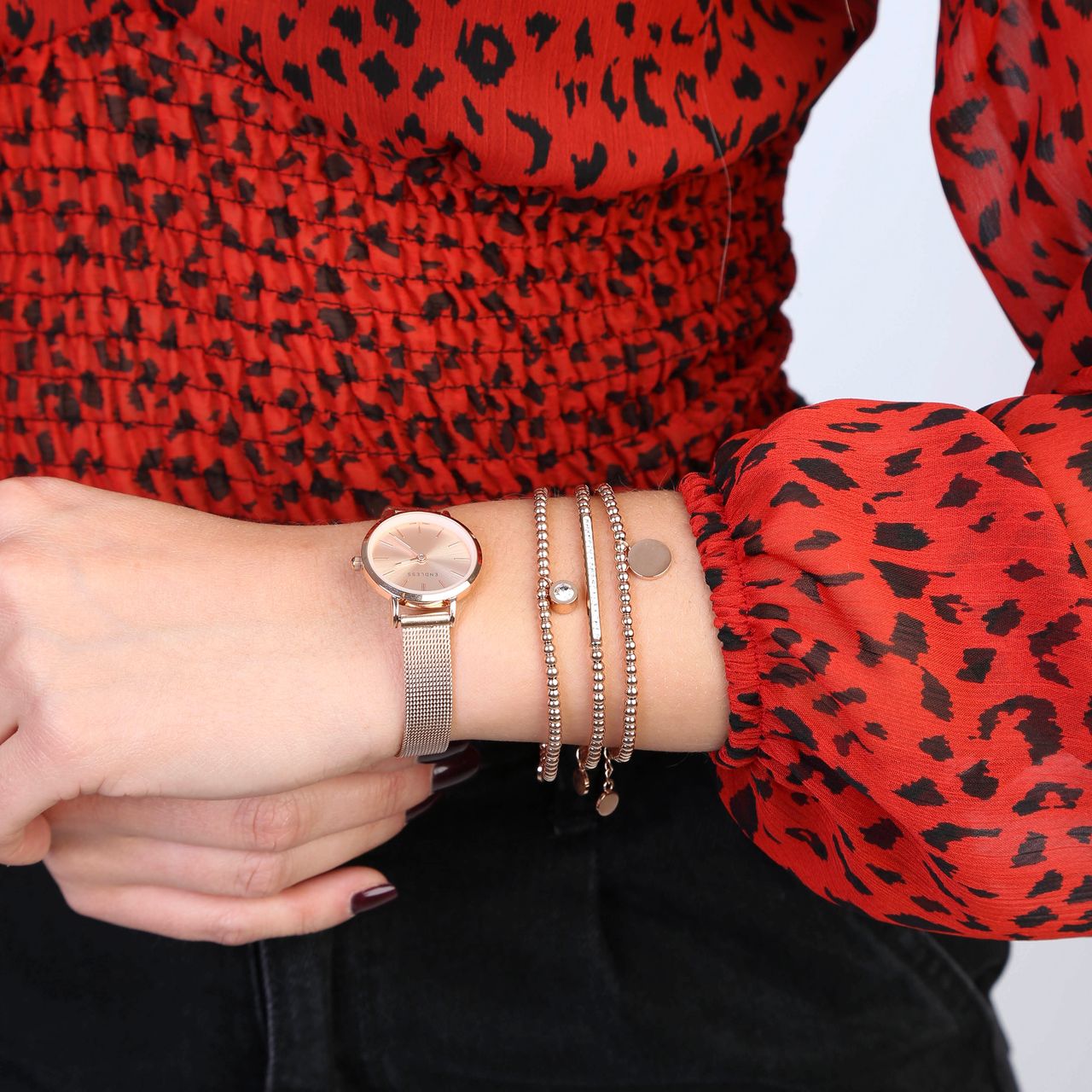 Gerecycleerd stalen set roseplated endless armbanden&horloge