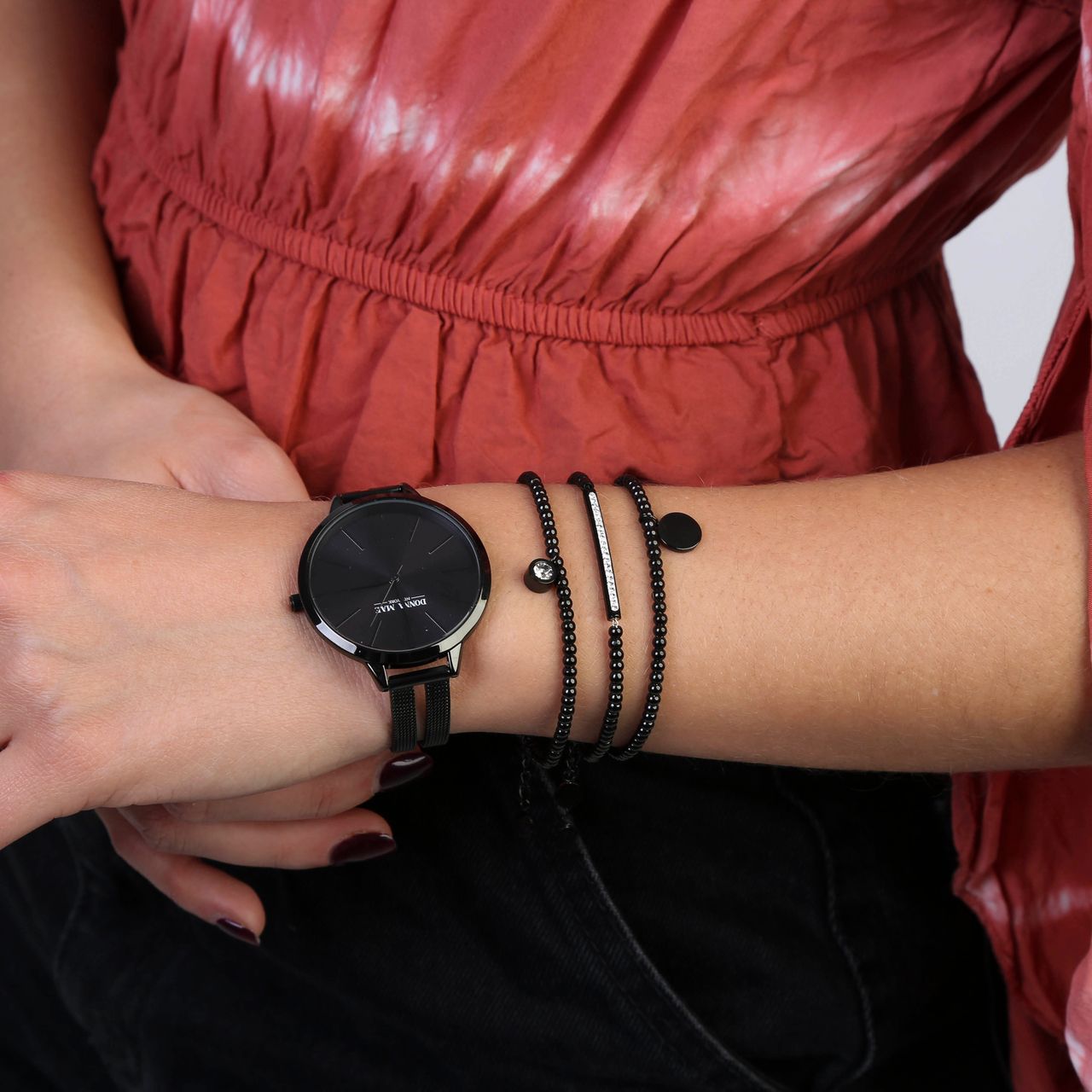 Gerecycleerd stalen set blackplated endless armbanden&horloge