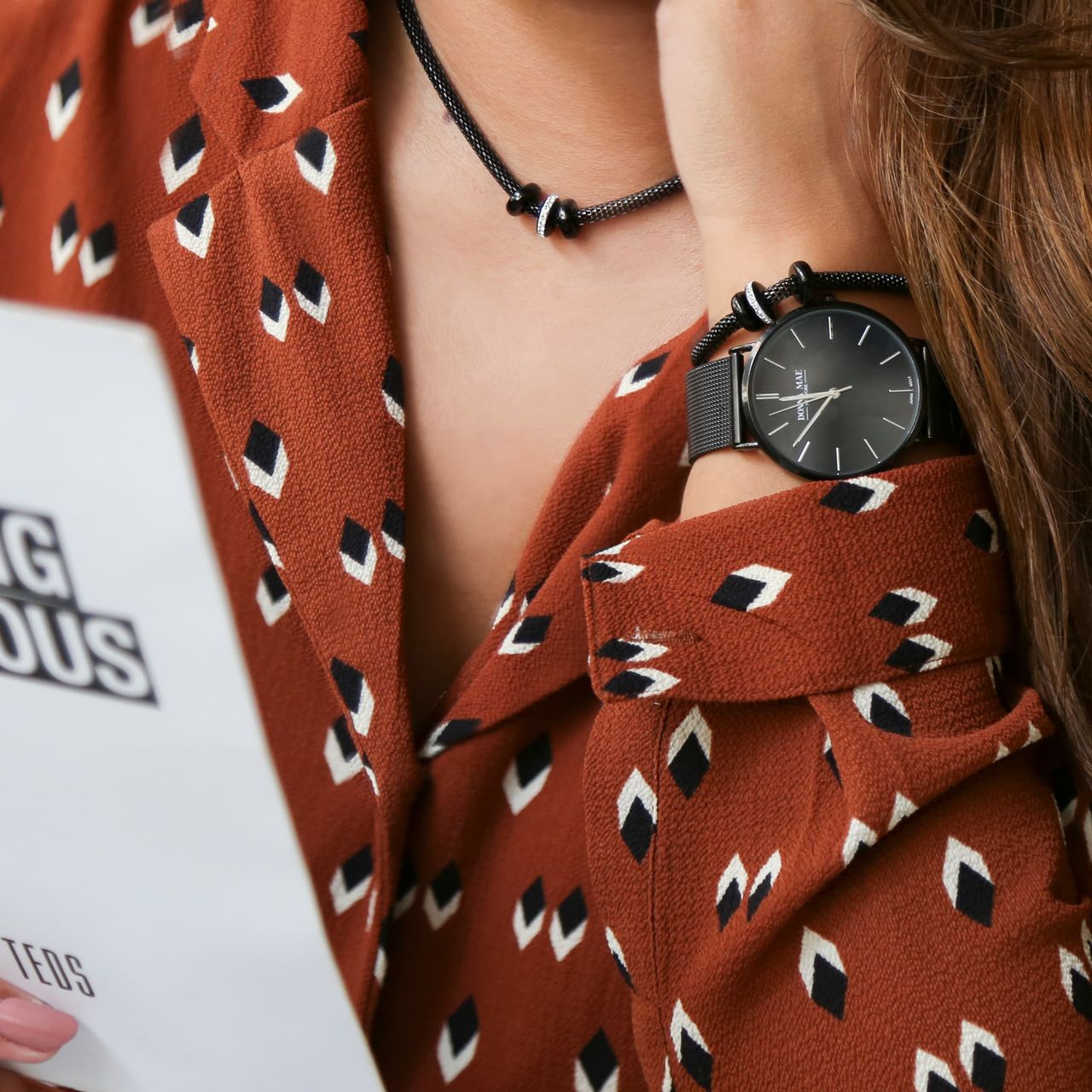 Gerecycled stainless steel blackplated set met horloge 3ringen kristal