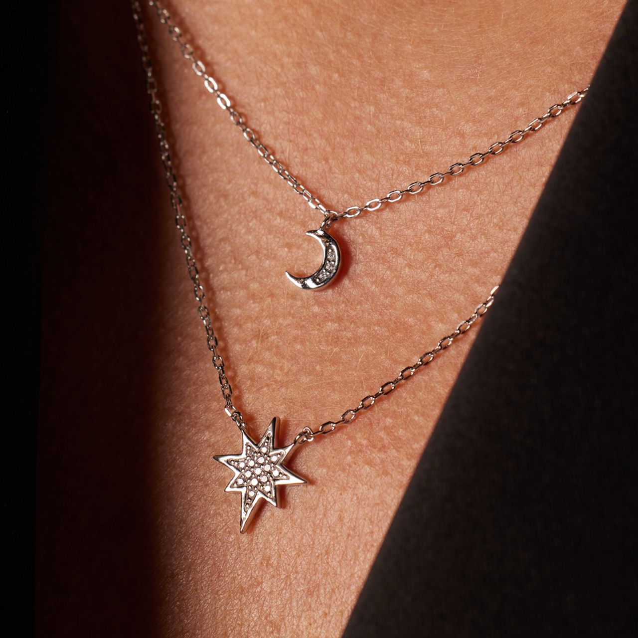 Schmuckset, 925 Silber, Mond/Stern mit Zirkonia