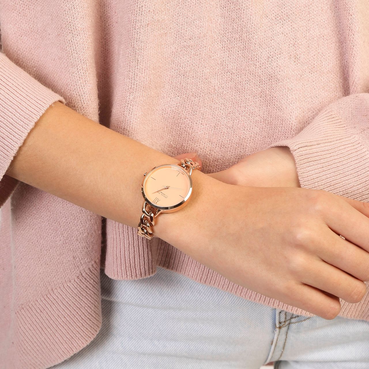 Donna Mae Armbanduhr mit rosafarbenem Gourmetglied-Armband