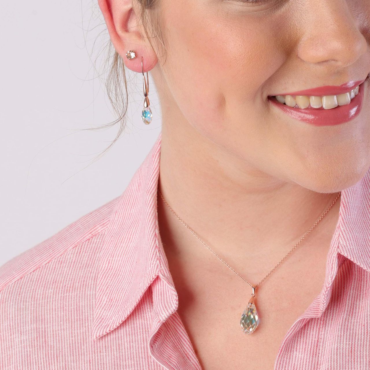 Zilveren roséplated sieradenset met rose kristal voor dames