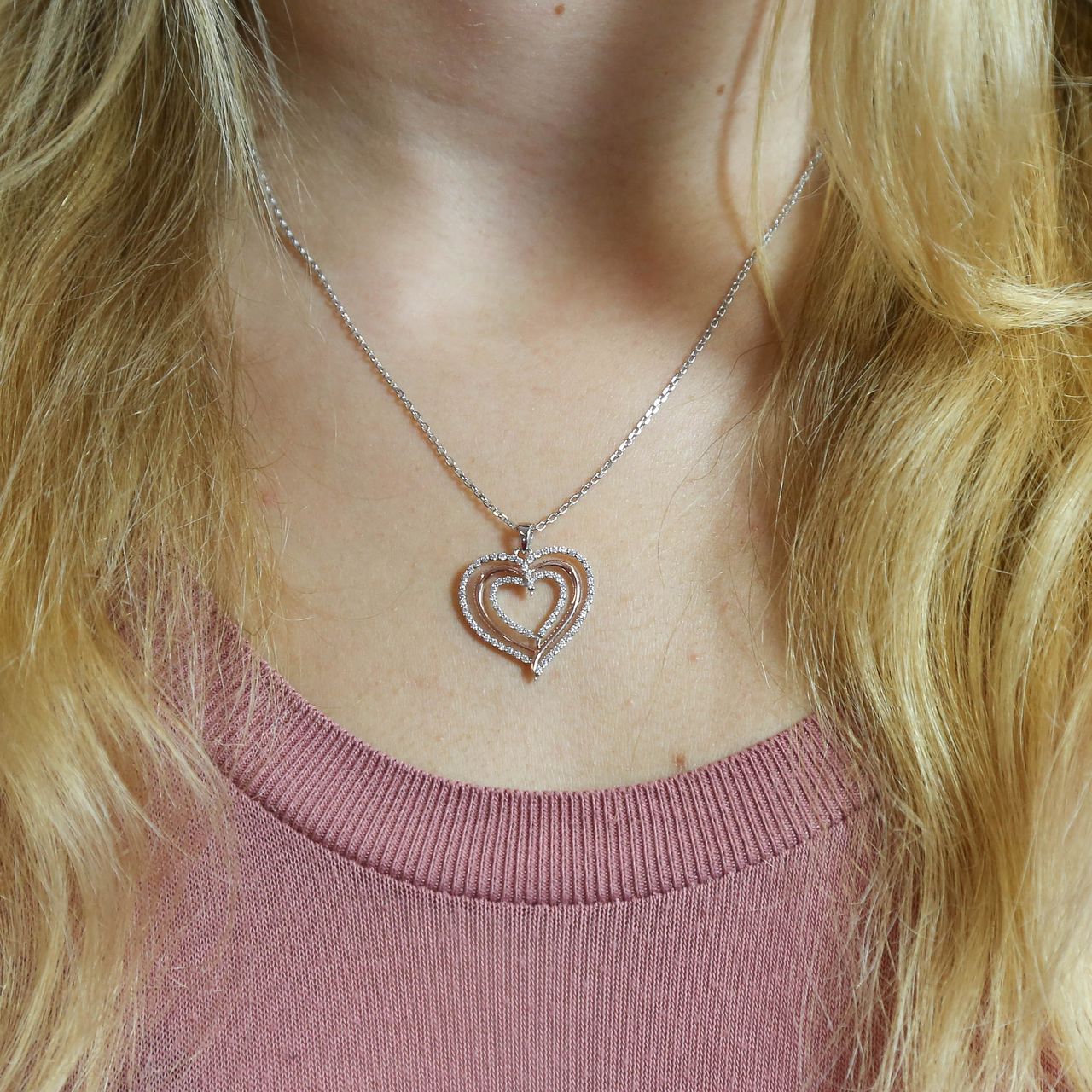 Zilveren ketting&hanger hart zilver/rose zirkonia