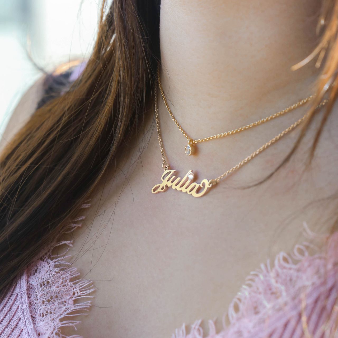Zilveren goldplated naamketting met geboortesteen voor dames