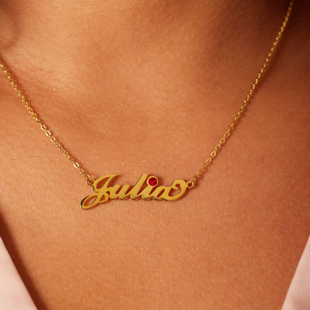 Zilveren goldplated naamketting met geboortesteen voor dames