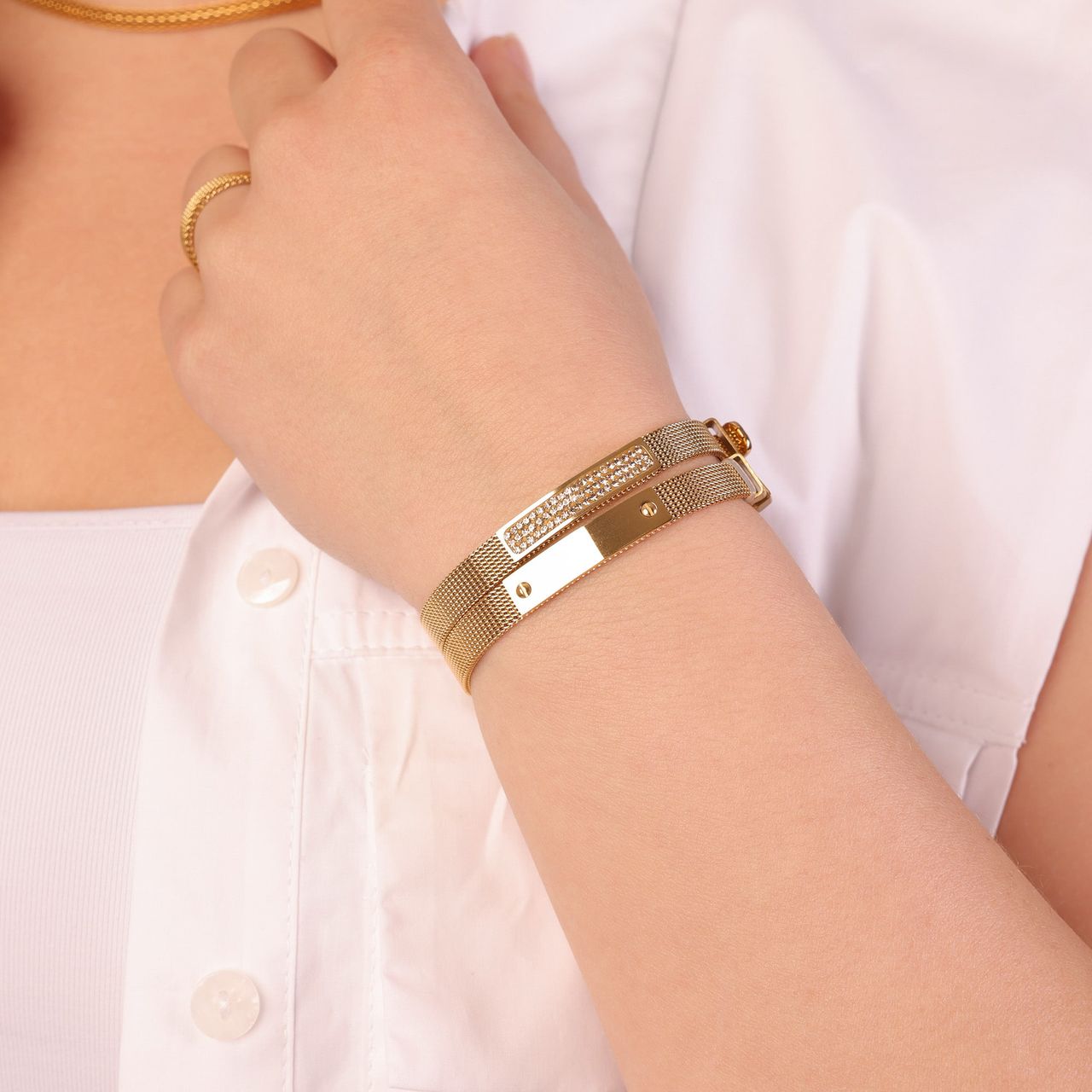 Stainless steel goldplated fantasiearmband met graveerplaat voor dames