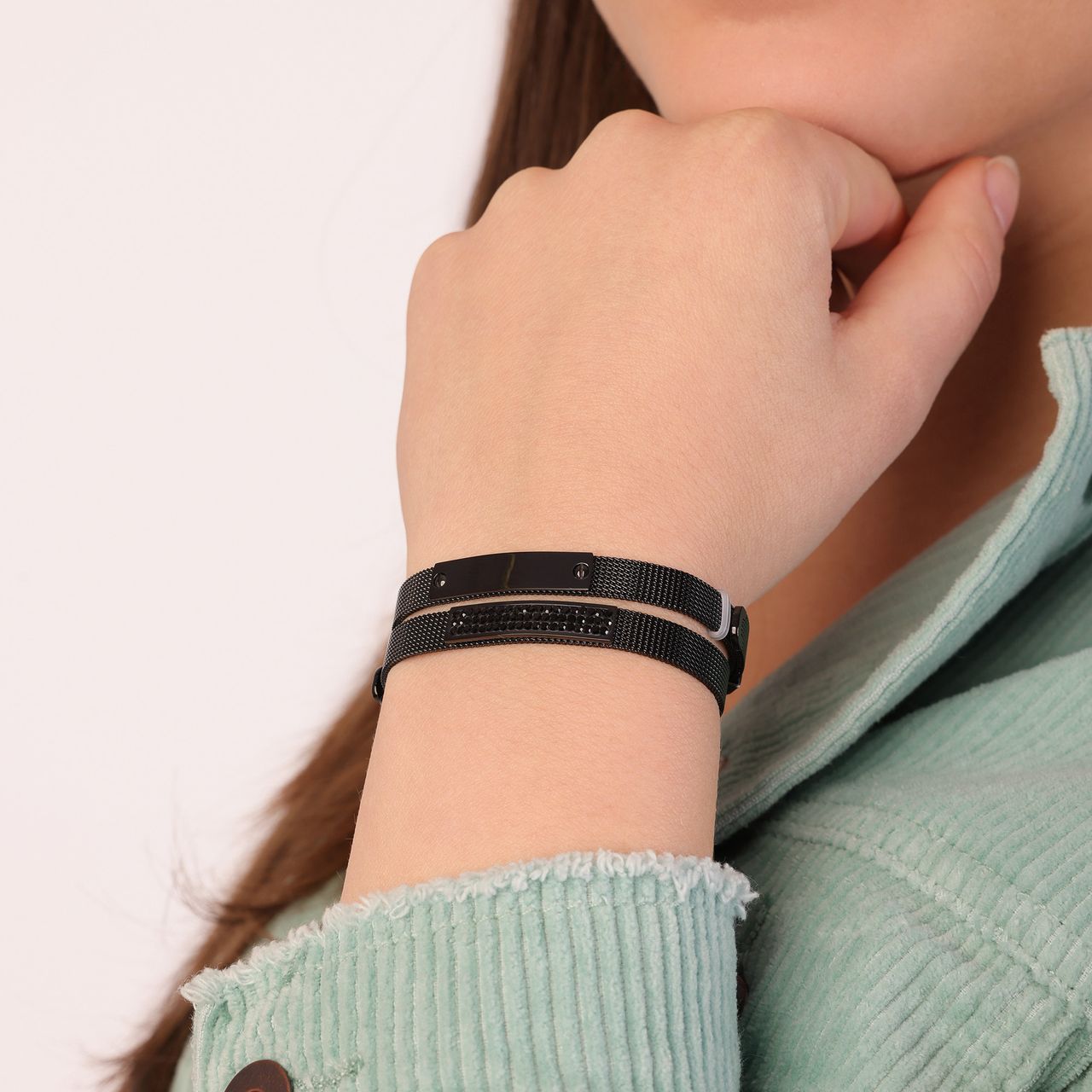 Stainless steel armband blackplated mesh riem met kristal