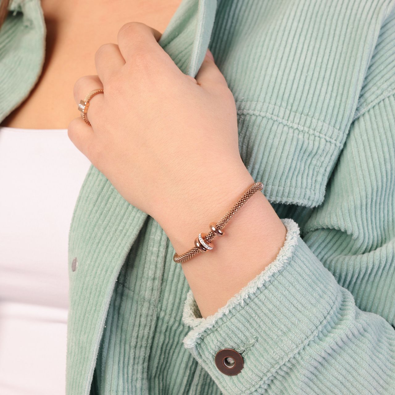 Stalen armband mesh roseplated met kristal