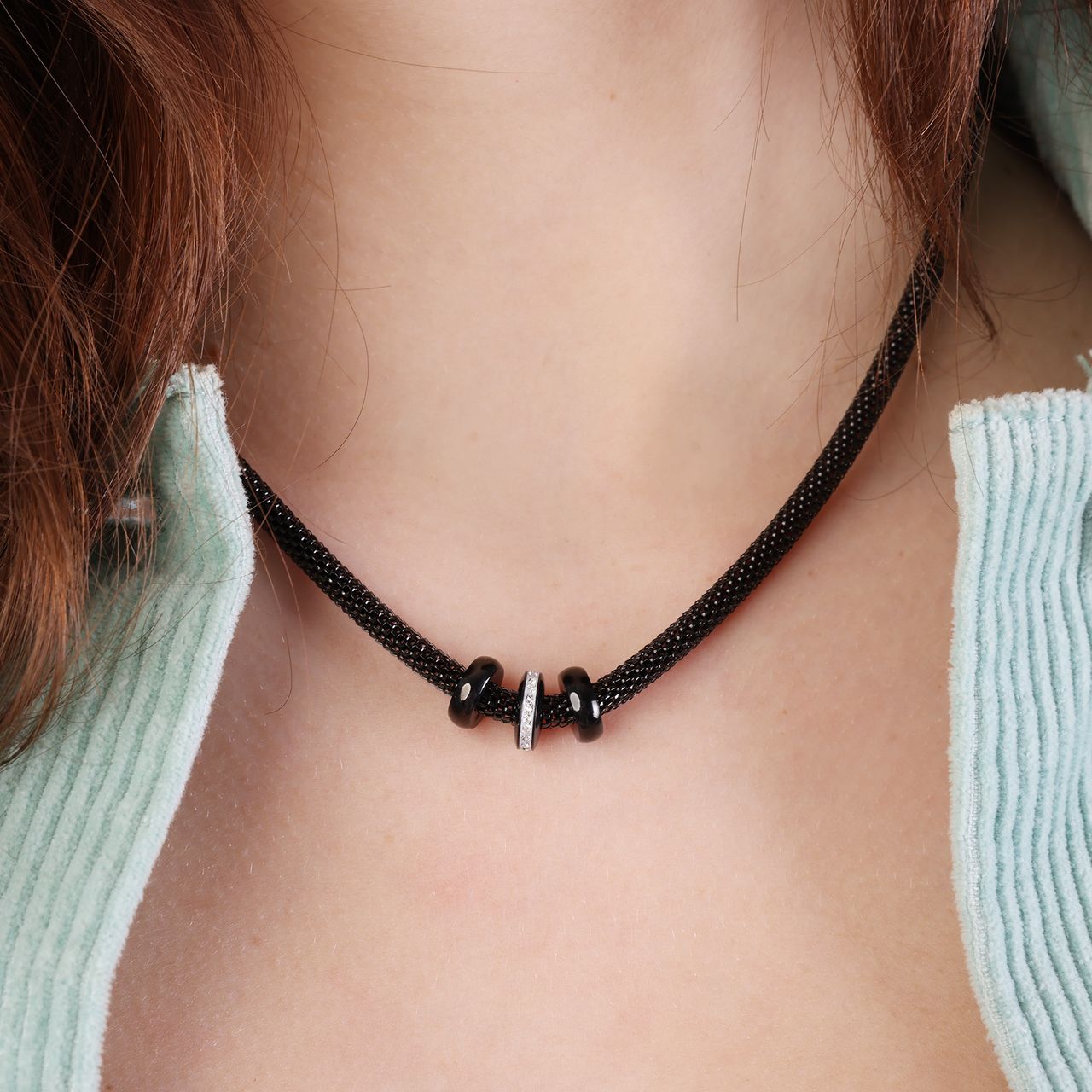 Stainless steel ketting mesh blackplated met kristal