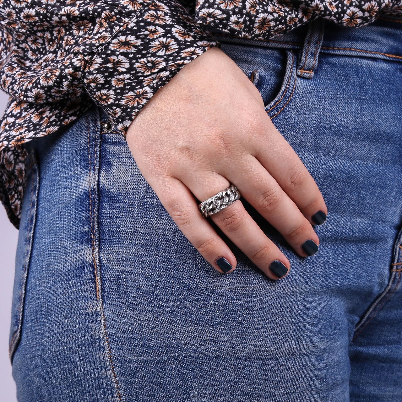 Stainless steel ring gourmet schakel met kristal