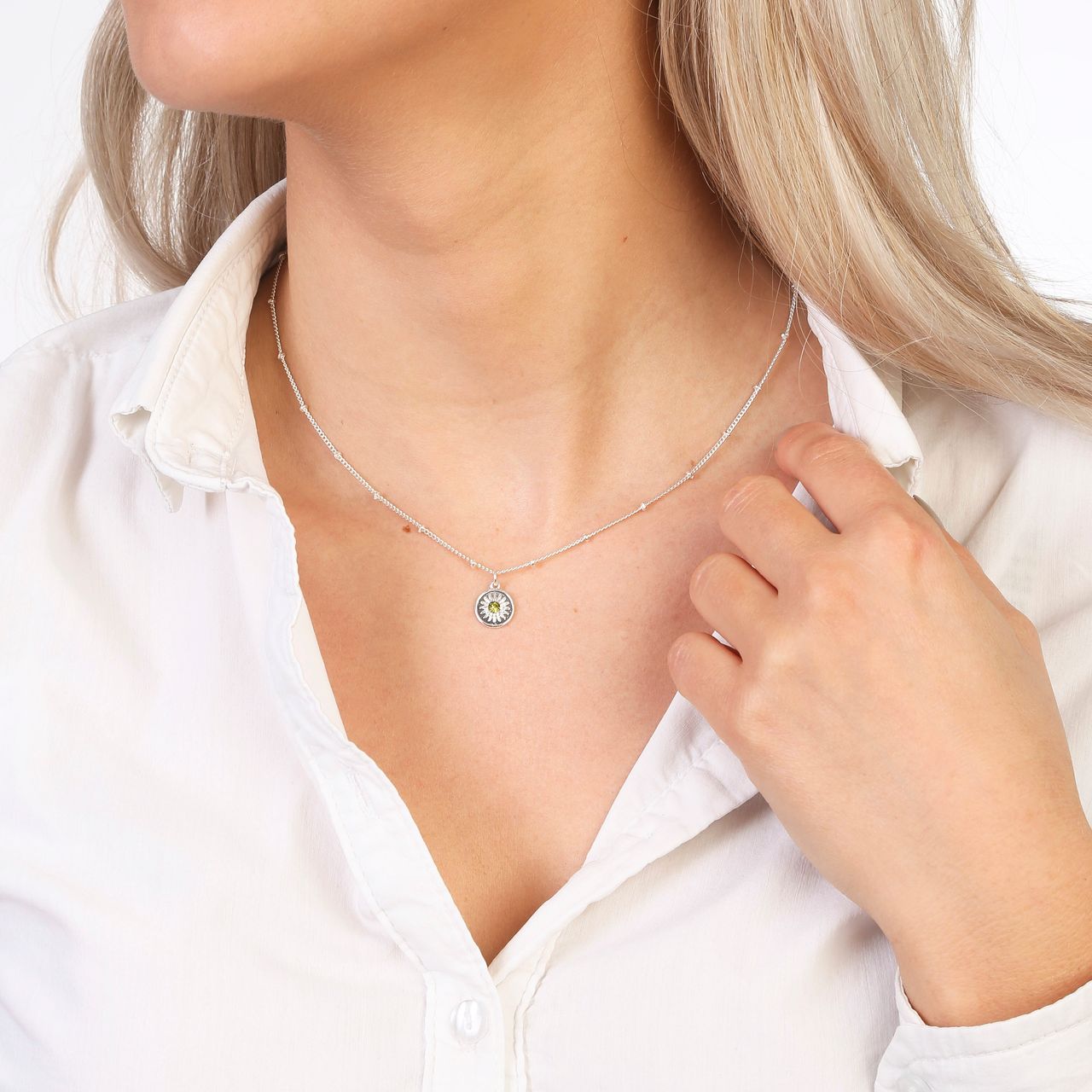 Stalen ketting met hanger rondje met groene steen voor dames