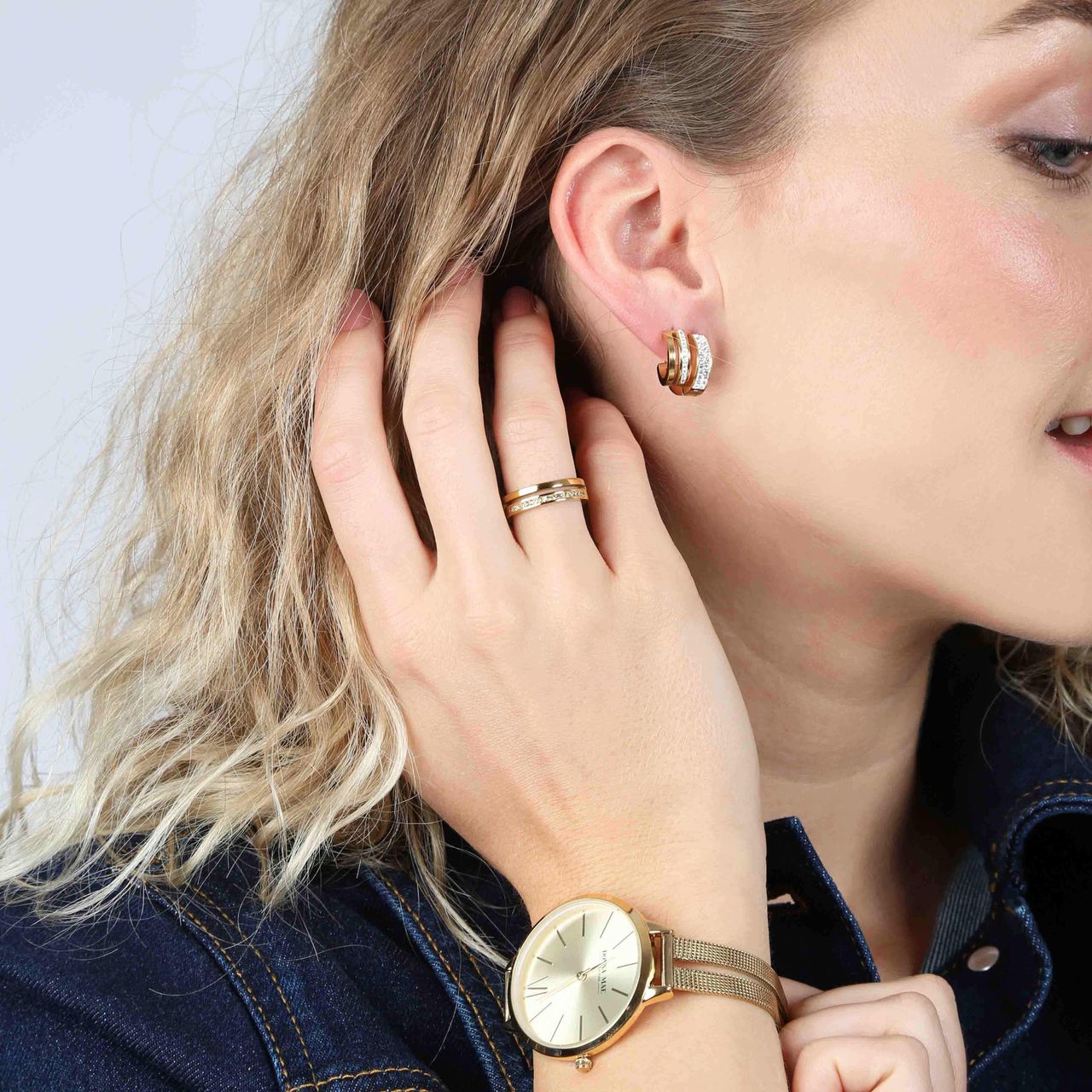 Stainless steel goldplated oorringen met wit kristal voor dames