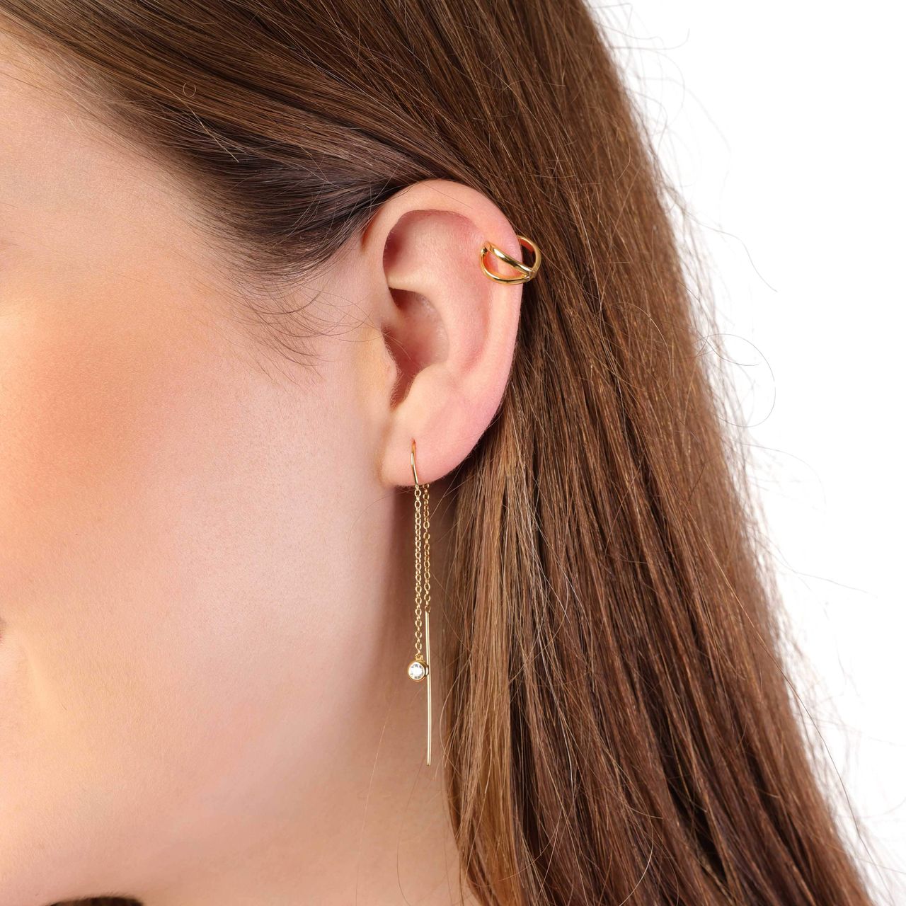 Zilveren goldplated doortrek oorbellen met zirkonia voor dames