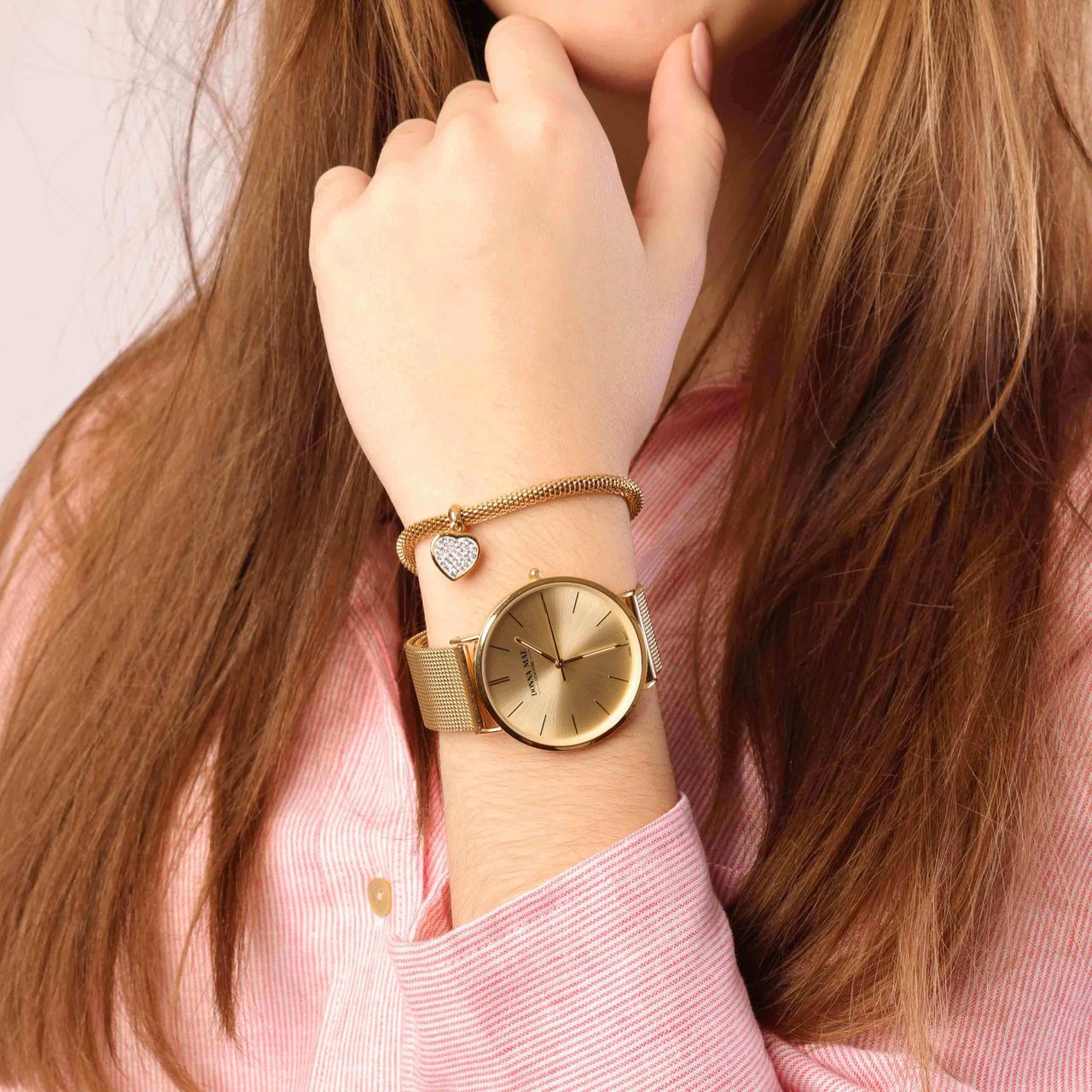 Stainless steel goldplated fantasiearmband met hanger hart met kristal voor dames