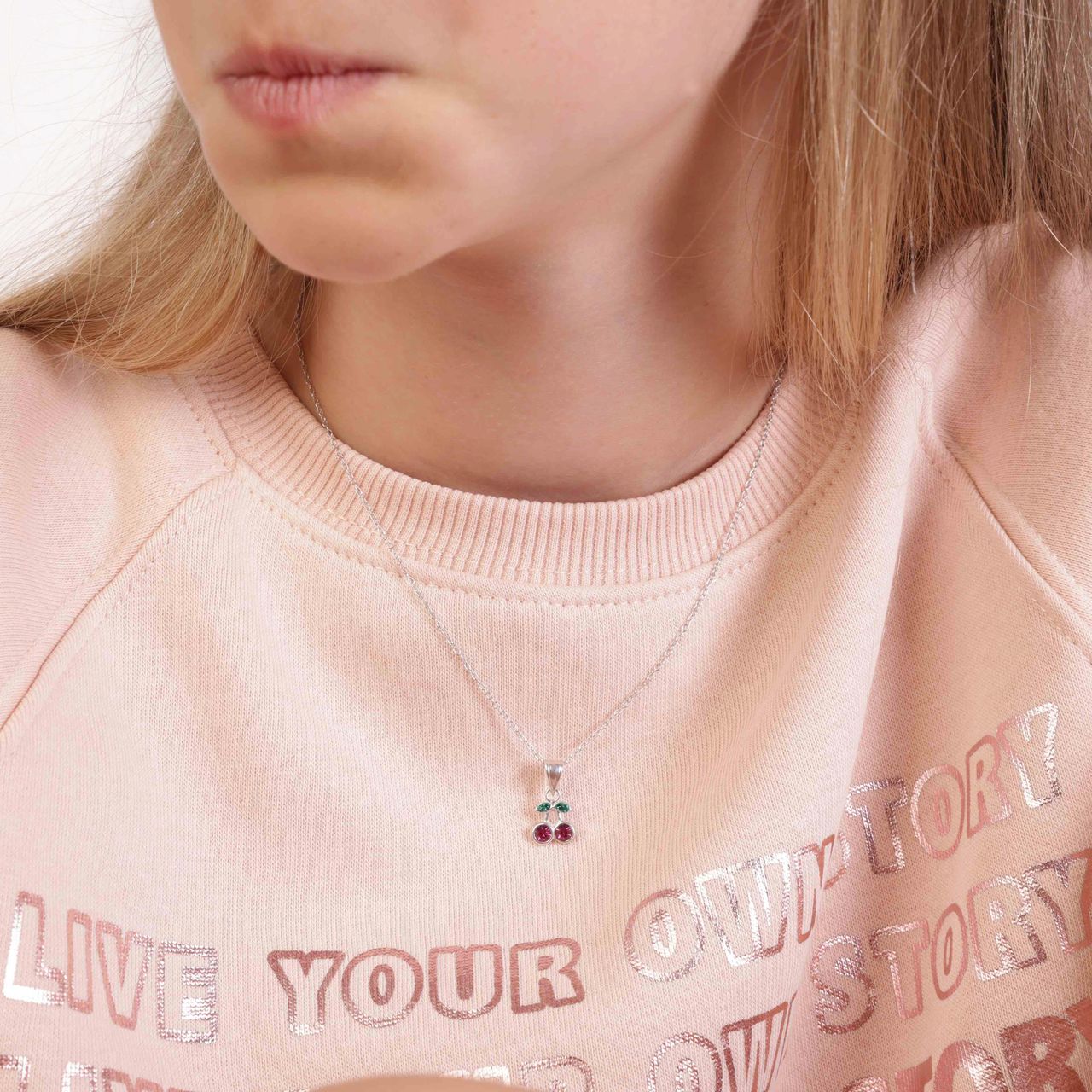 Zilveren kinderketting hanger kers kristal