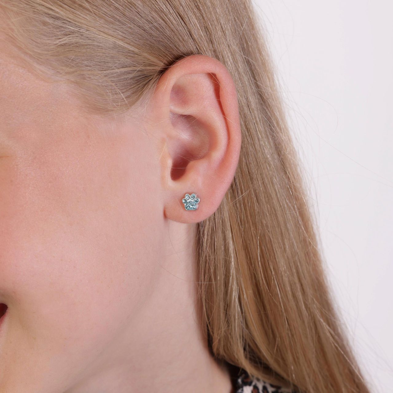 Zilveren kinderoorbellen hondenpoot aqua kristal