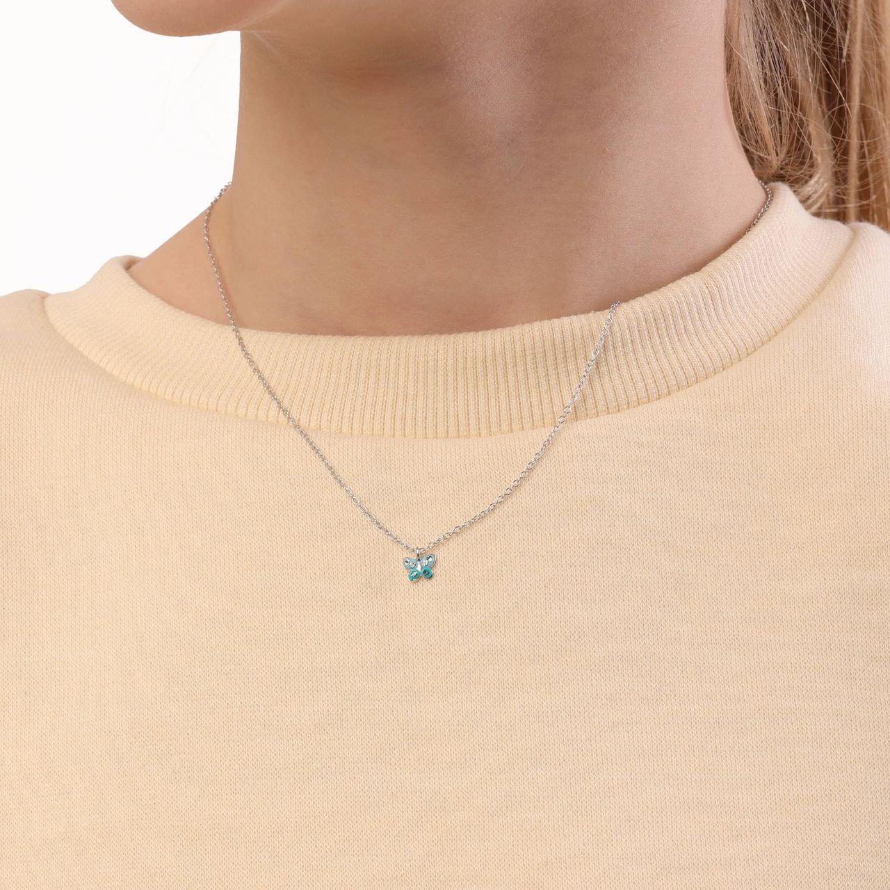 Zilveren kinderketting vlinder blauw kristal