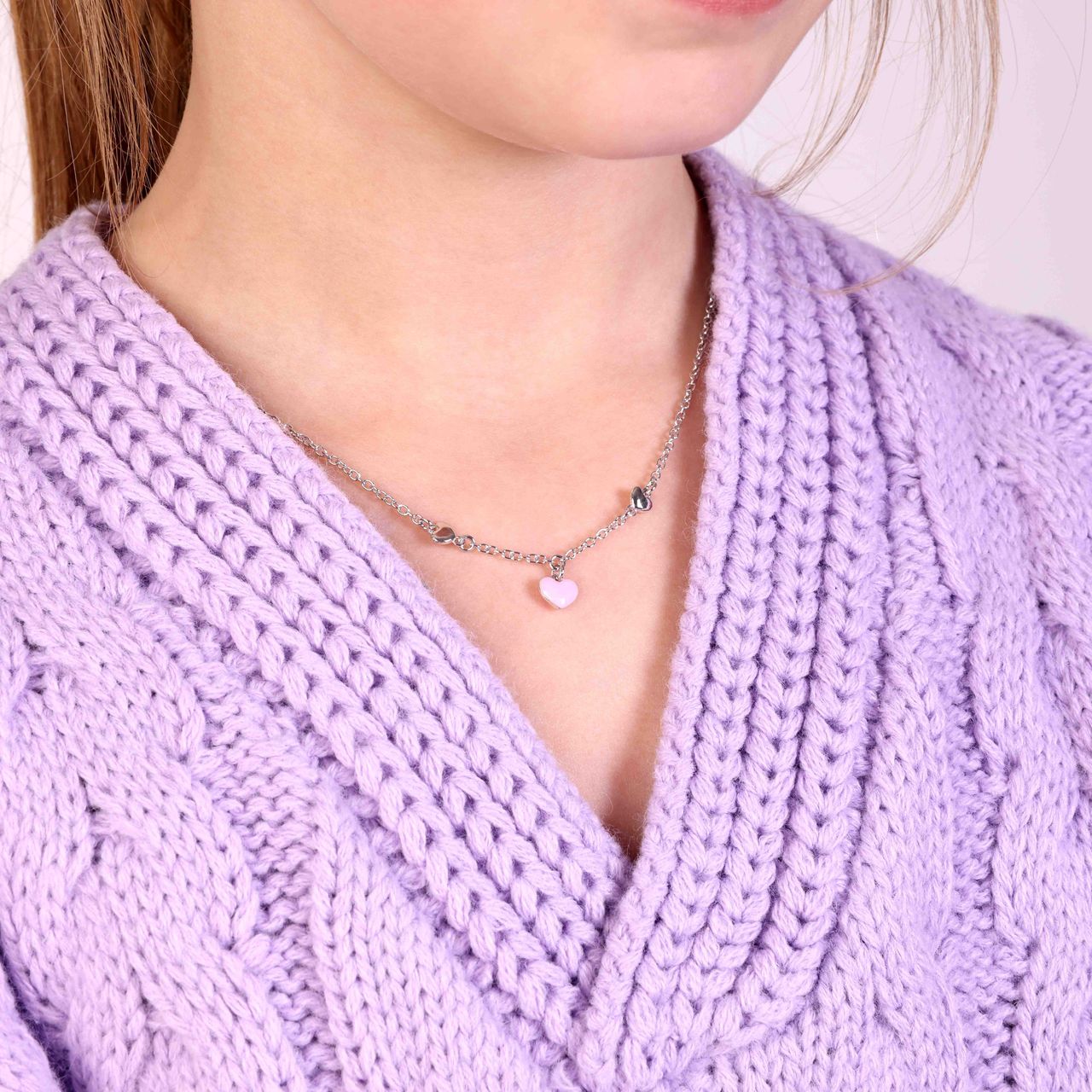 Zilveren kinderketting hart roze emaille