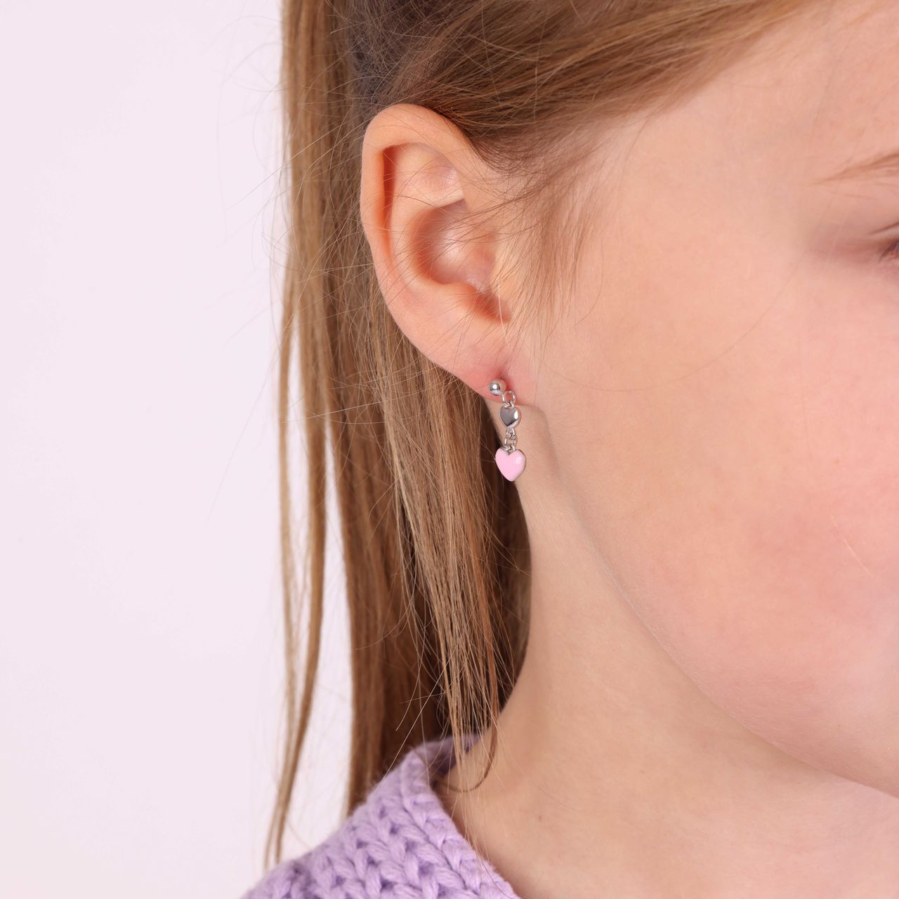 Zilveren kinderoorbellen hart roze emaille