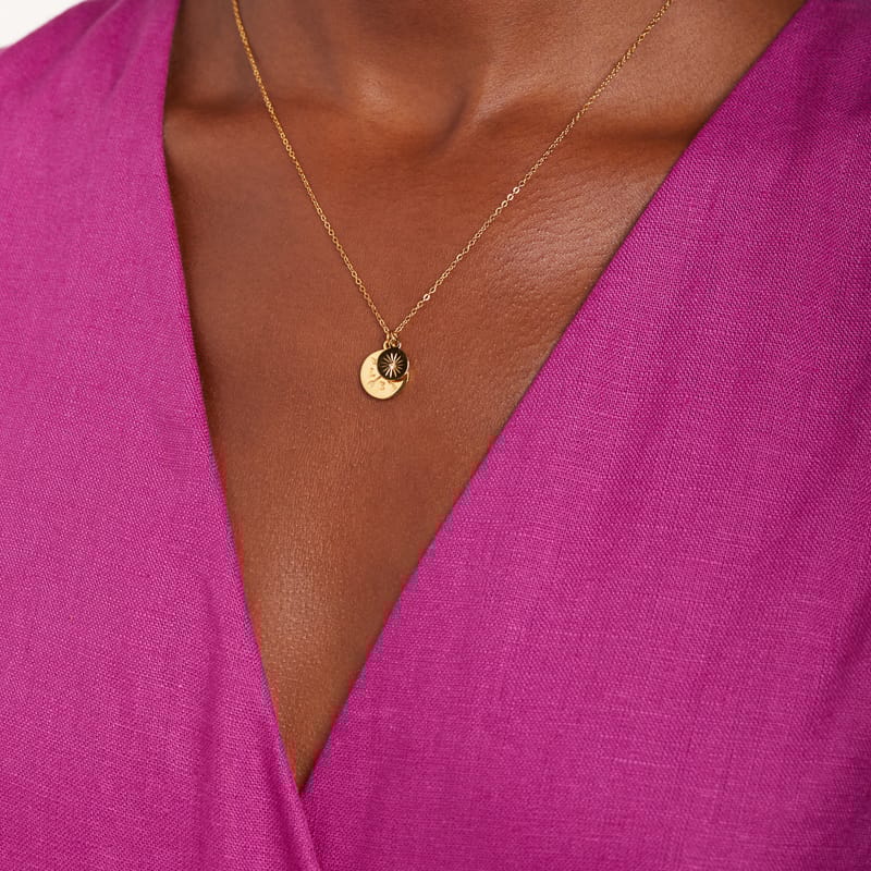 Stalen goldplated ketting met hanger munt met zirkonia voor dames