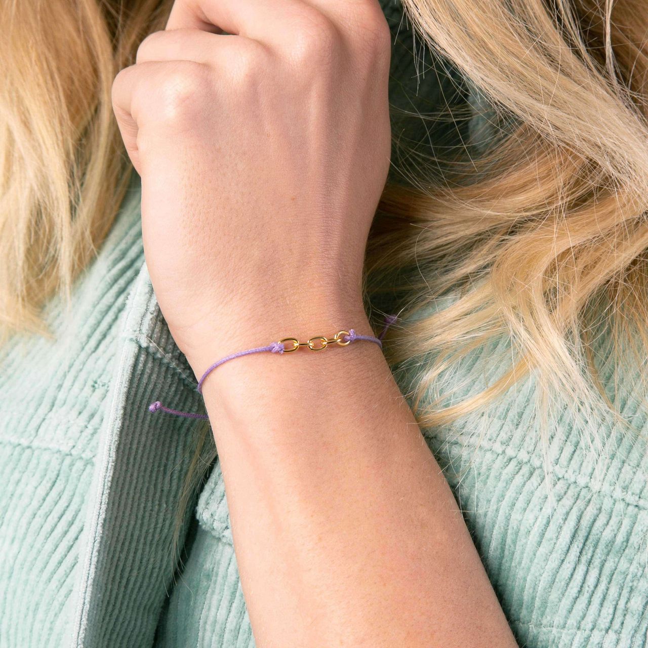 Kordelarmband, 925 Silber, vergoldet, lila, Zierglieder