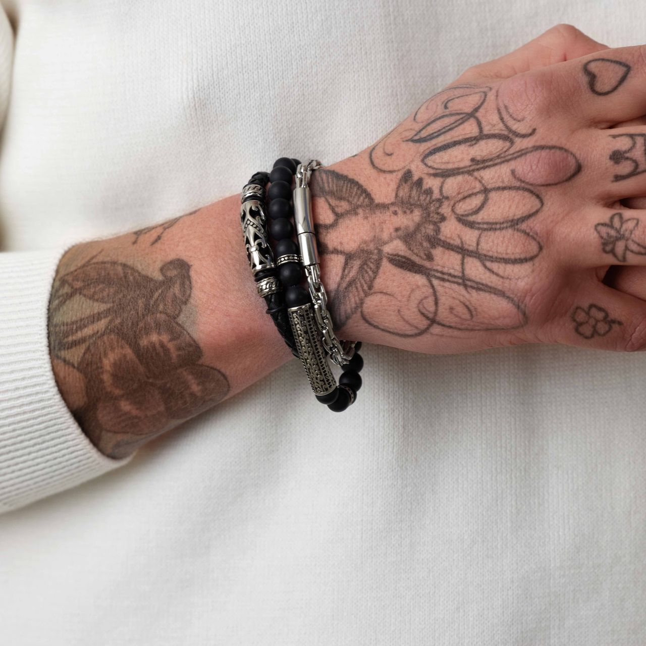 Gerecycled stalen herenarmband met natuursteen black agate