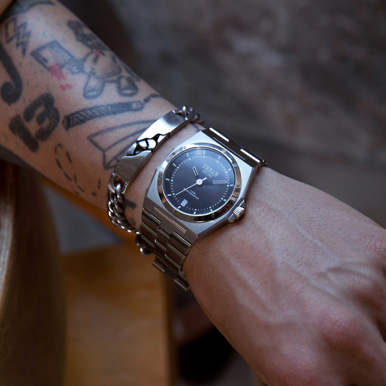 Gerecycleerd stainless steel plaatarmband mat met gourmetschakel