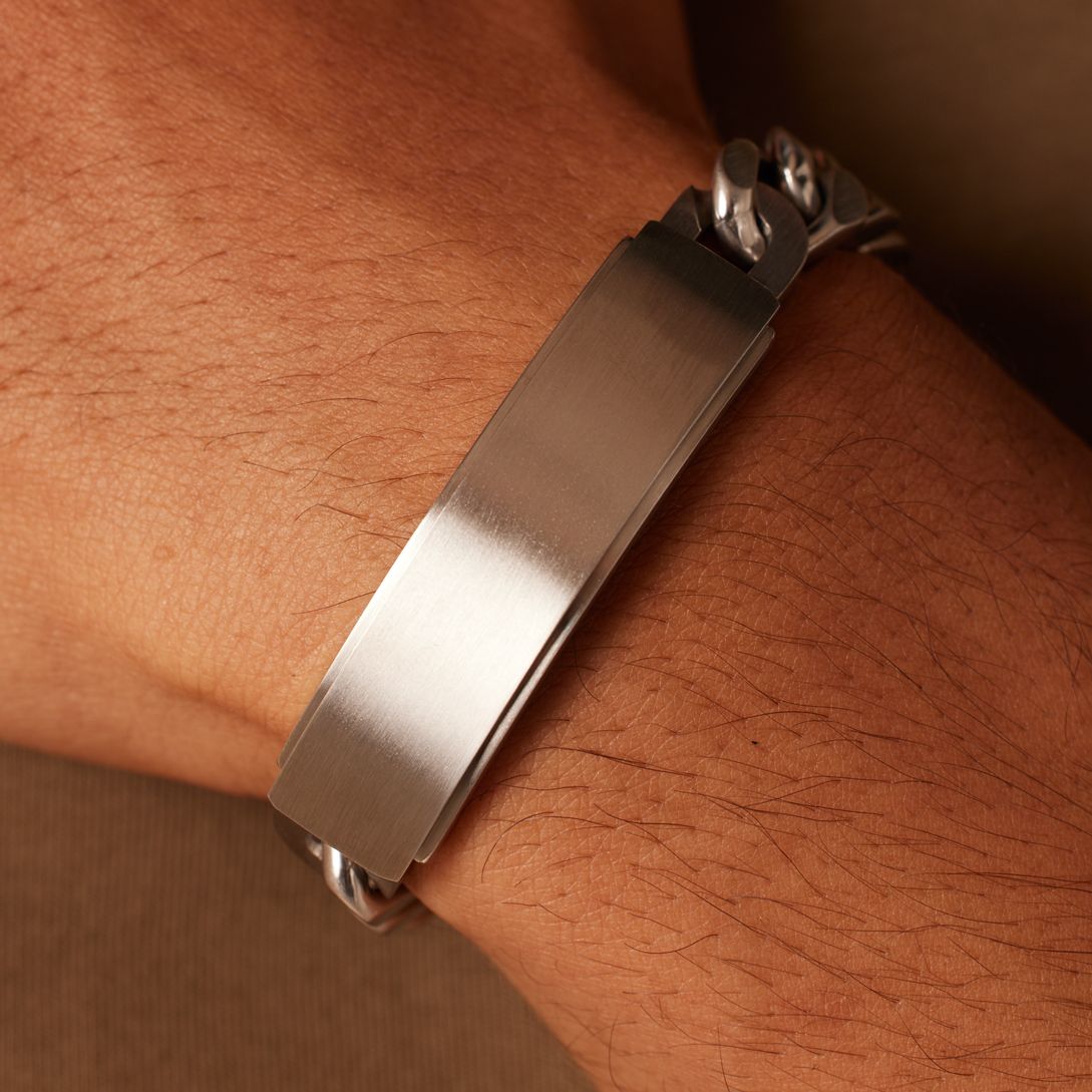 Gerecycleerd stainless steel plaatarmband mat met gourmetschakel