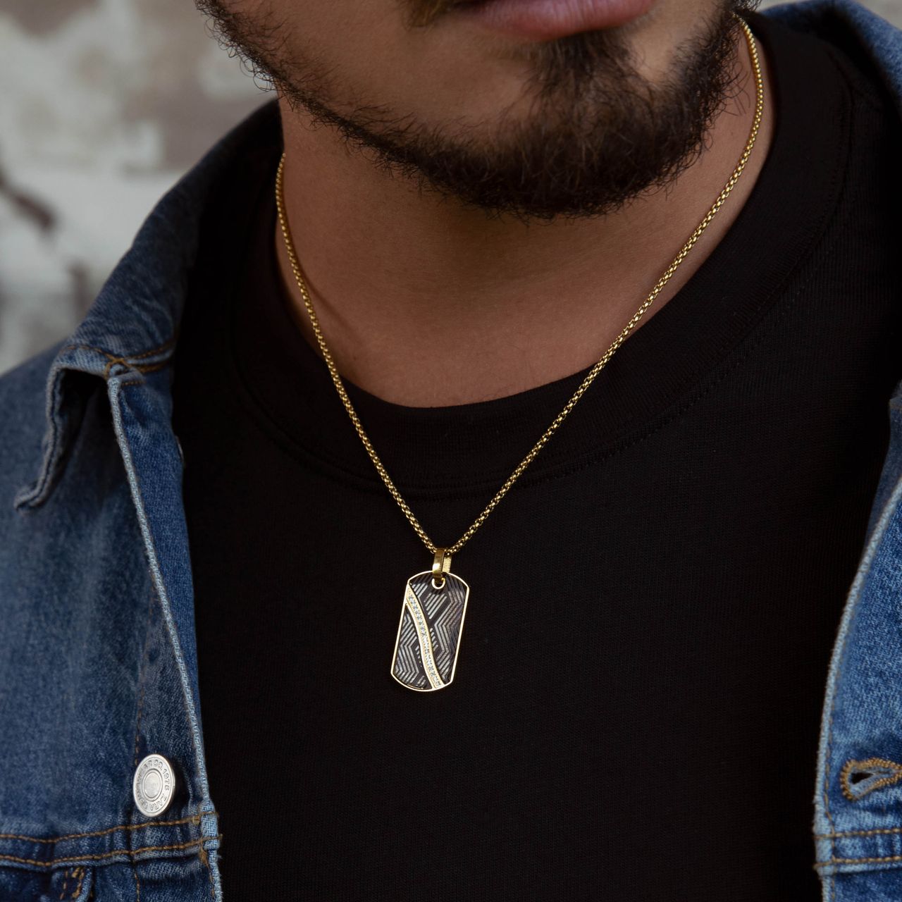 Gerecycled stainless steel herenketting goldplated met hanger met zirkonia
