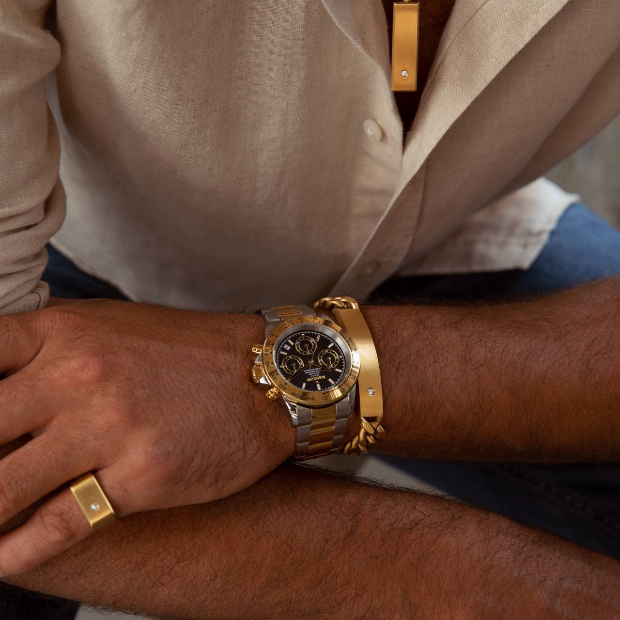 Gerecycleerd stalen gouden herenketting met hanger zirkonia