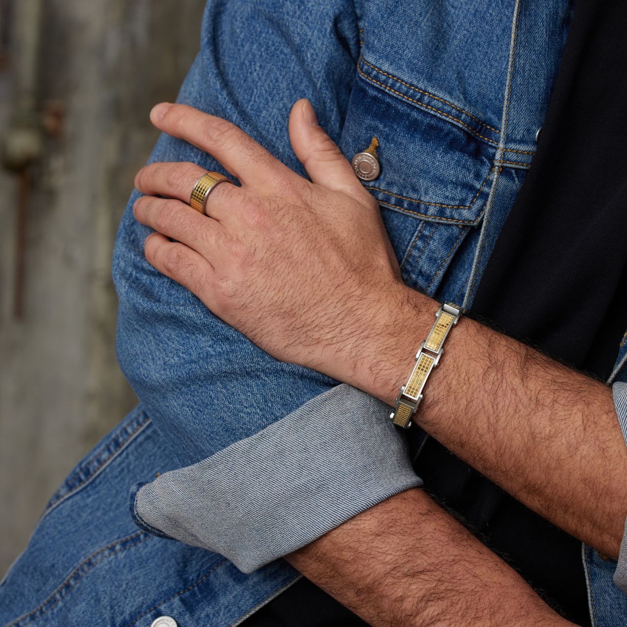 Gerecycled stalen goldplated herenarmband schakel