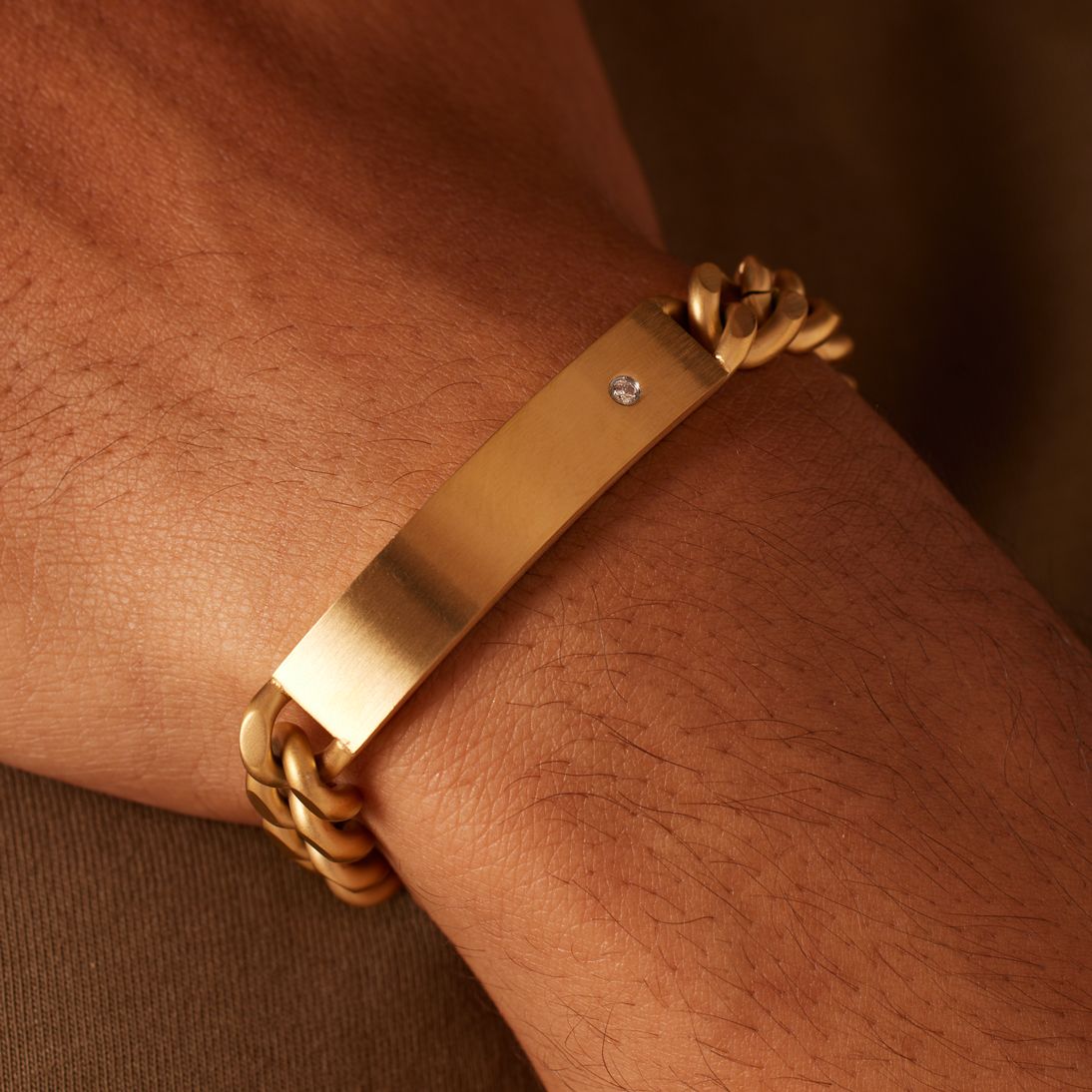 Plattenarmband, Edelstahl, vergoldet, Gourmetglied mit Zirkonia