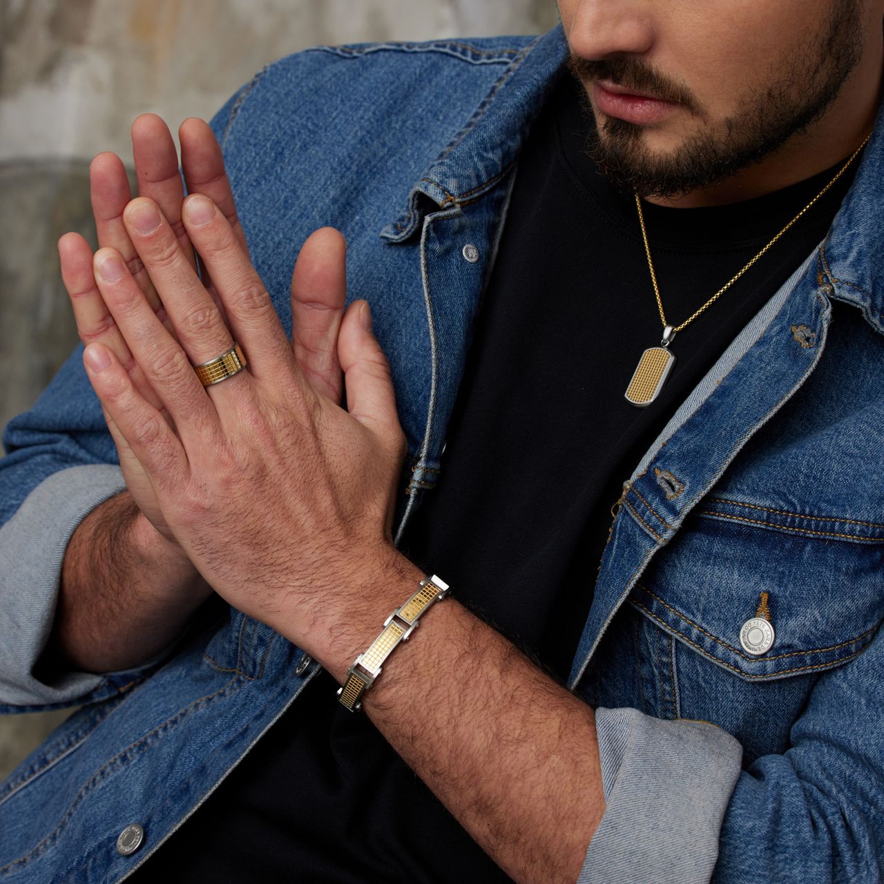 Gerecycleerd stainless steel goldplated herenring