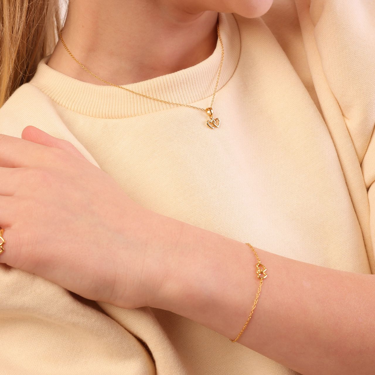 Zilveren goldplated kinderketting dubbel hart