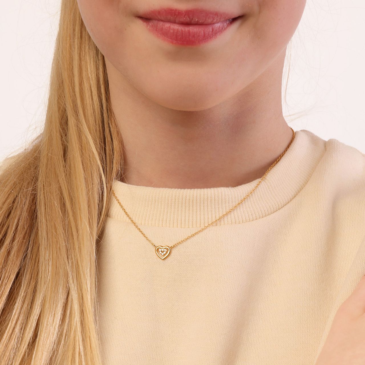 Zilveren goldplated kinderketting met hanger hart met zirkonia