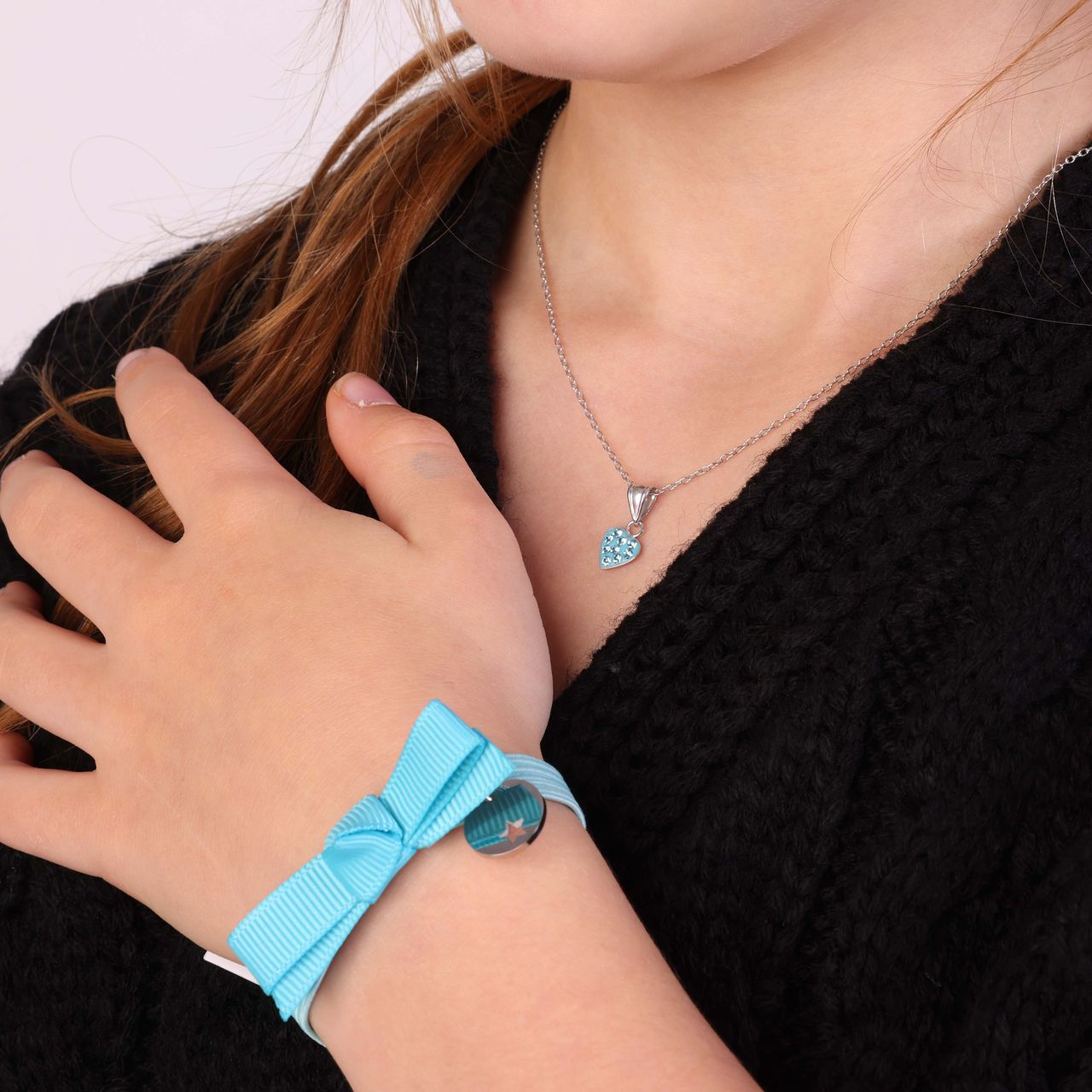 Kinderhalskette, 925 Silber, mit Herz, Aqua, Kristall