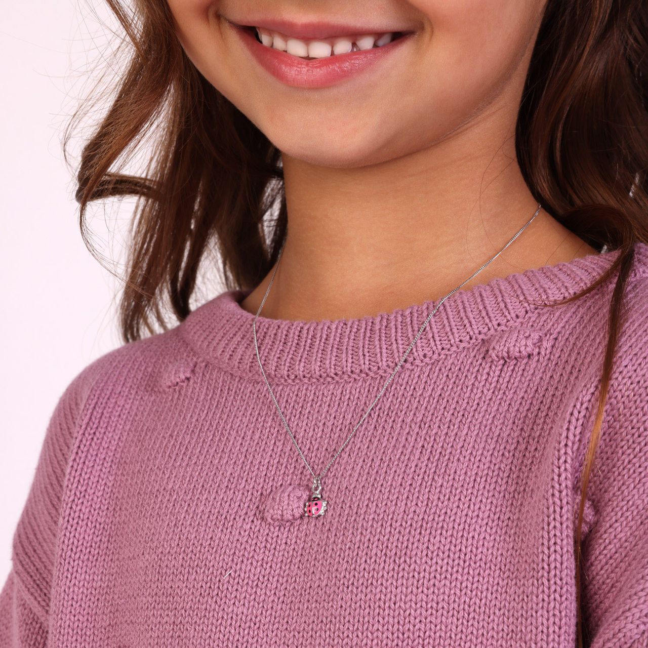 Zilveren kinderketting roze lieveheersbeestje
