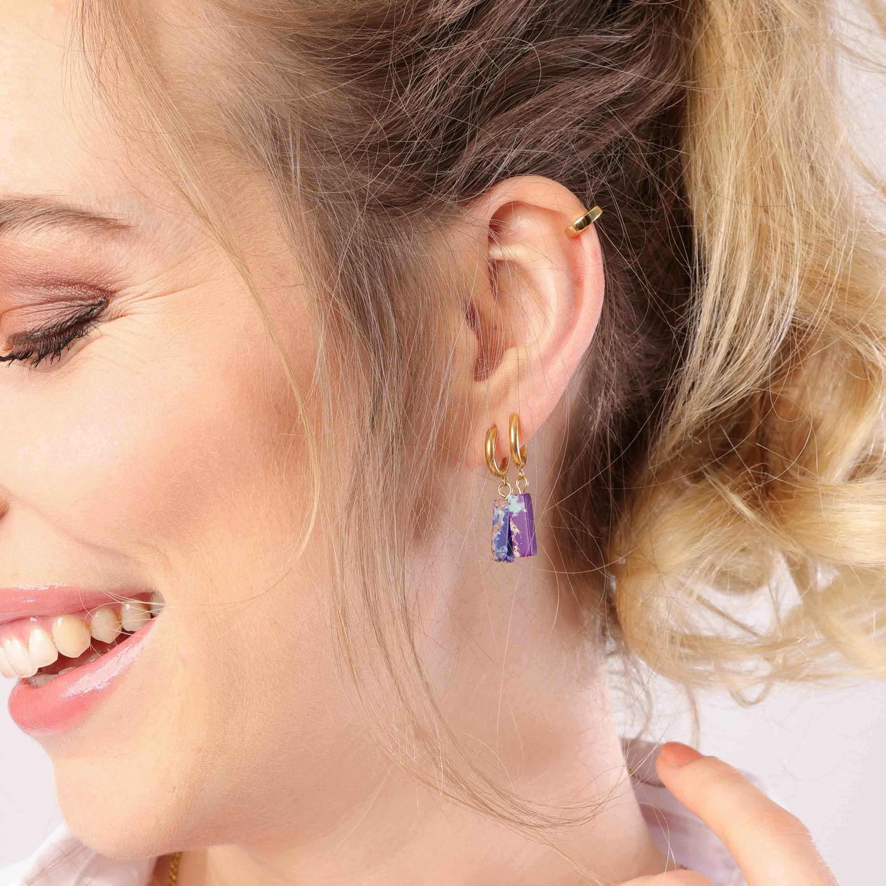 Stainless steel goldplated oorringen voor met hanger purple jaspis en turquoise dames