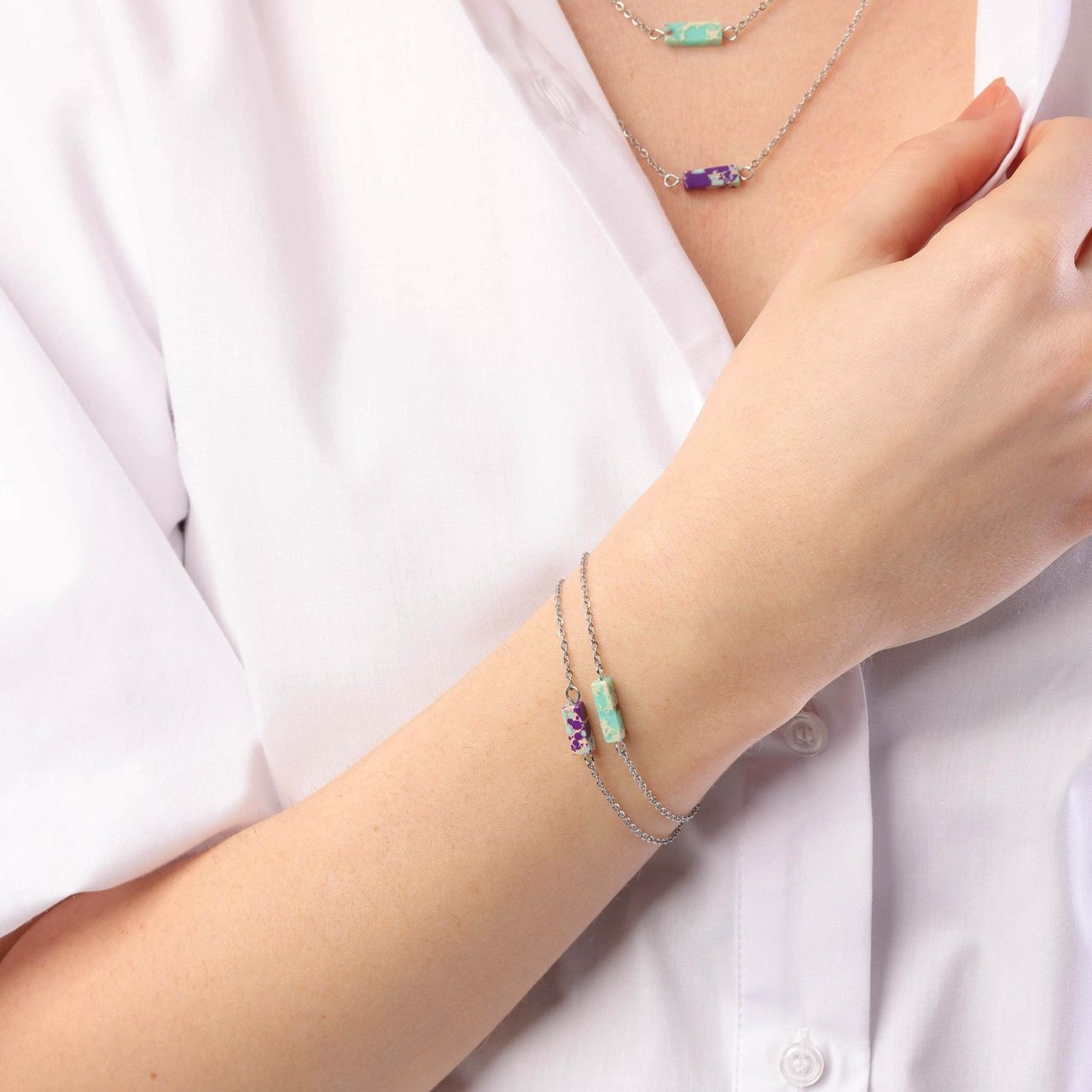 Purple Jasper en Turquoise stainless steel armband