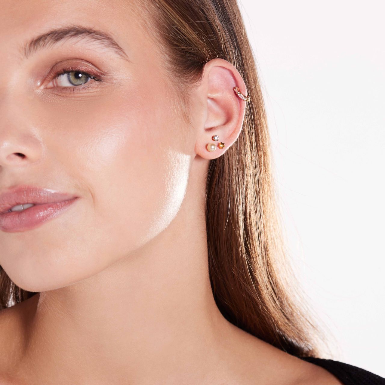 Helix-Piercing, 925 Silber, vergoldet, Zirkonia im Baguetteschliff