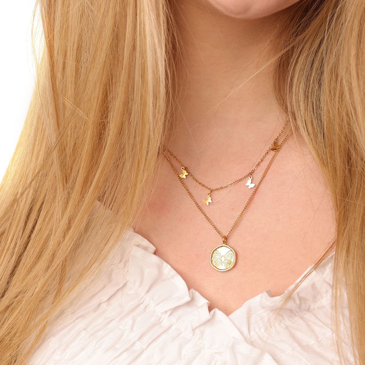 Stalen goldplated ketting met hanger vlinder