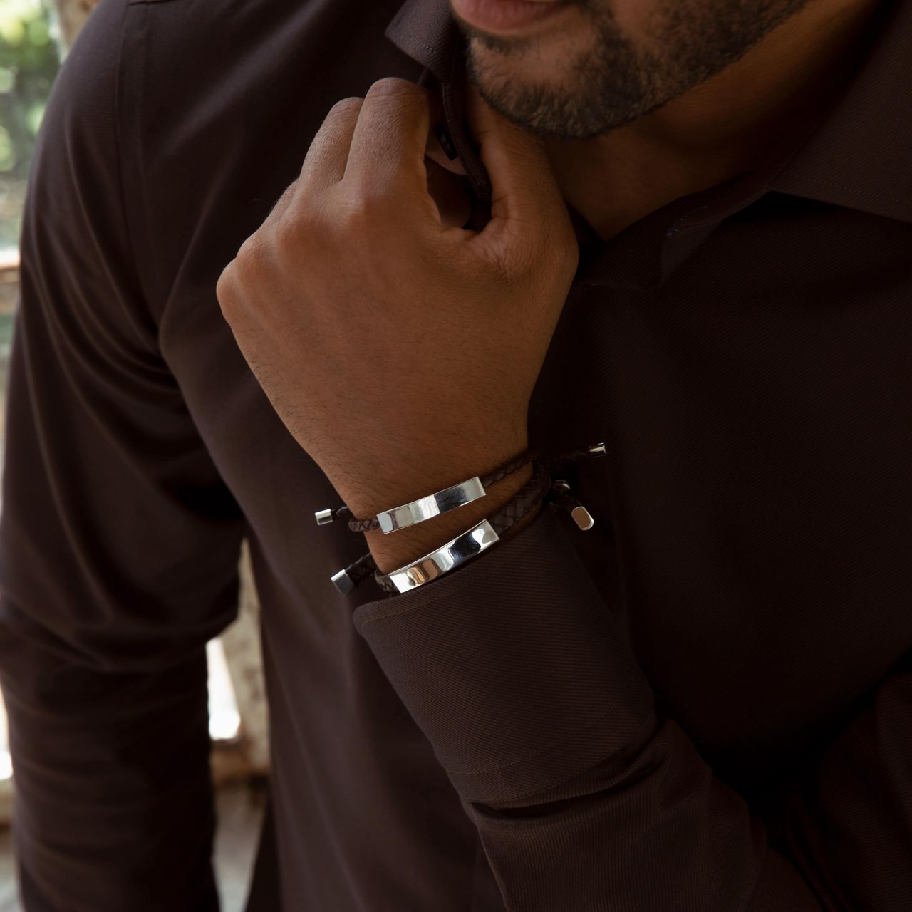 Plattenarmband für Herren, Edelstahl, braun