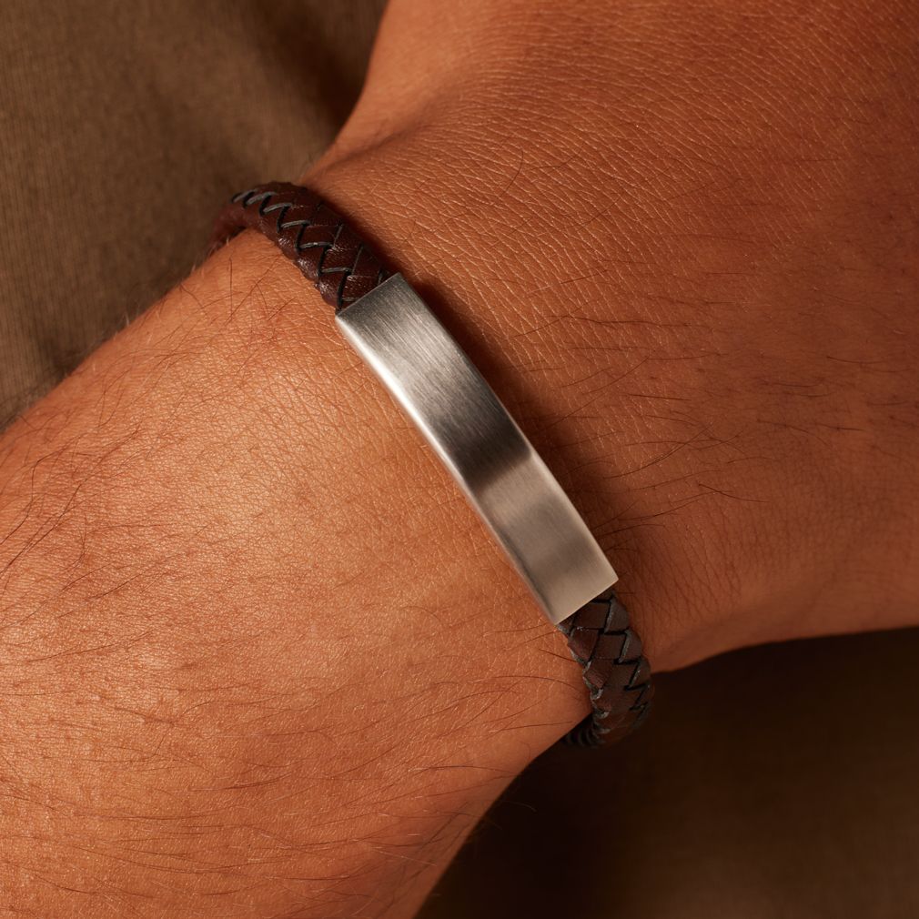 Gerecycled stainless steel heren plaatarmband mat bruin