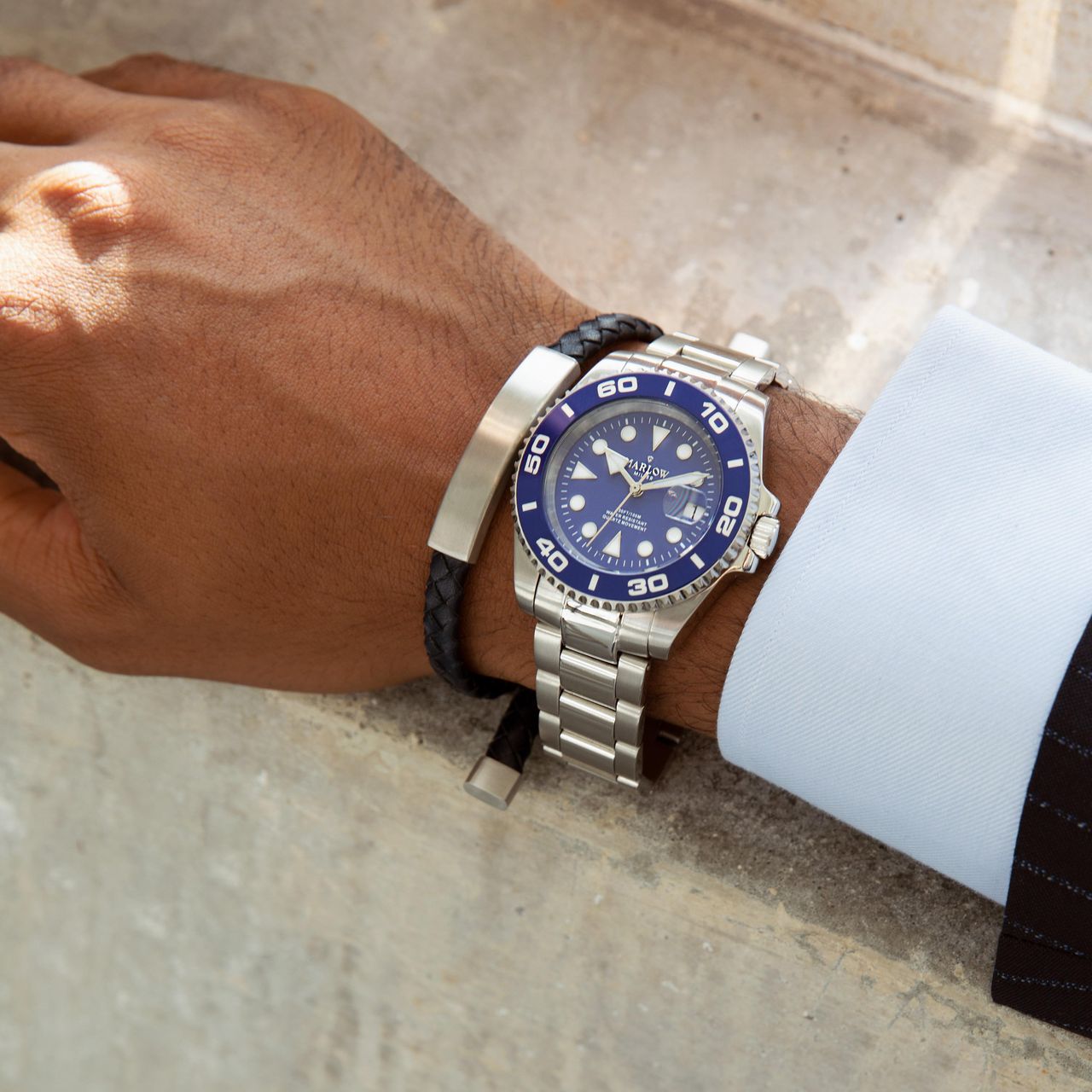 Plattenarmband für Herren, Edelstahl matt, blau