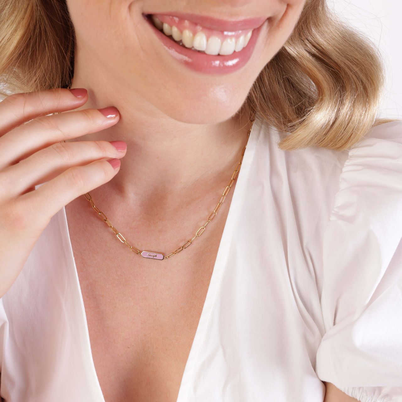 Stalen goldplated ketting laugh emaille paars